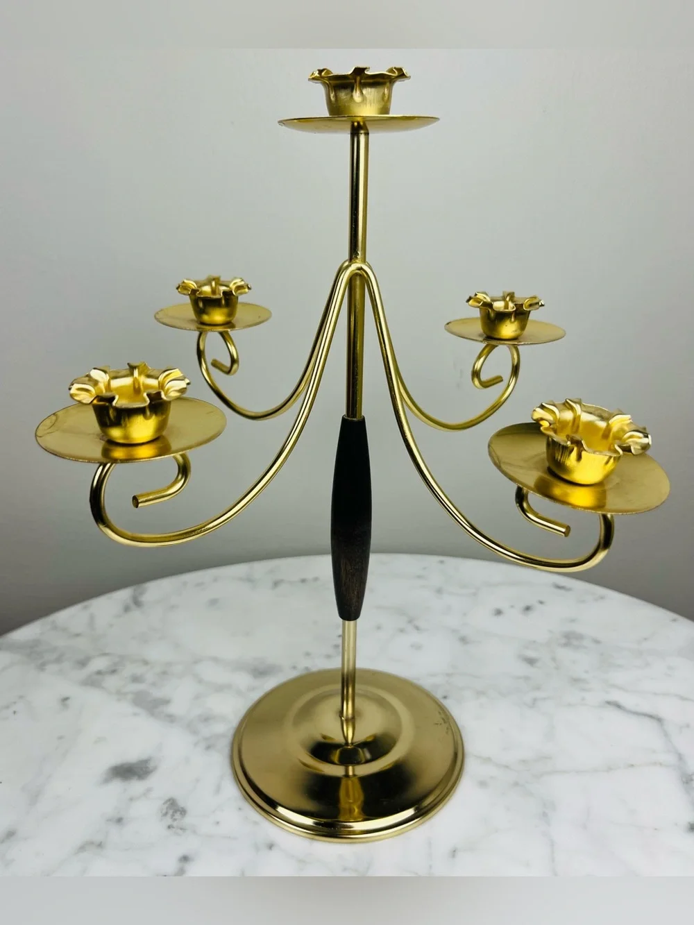 Vintage MCM Mid-Century Modern Brass & Wood Five-Arm Candelabra
